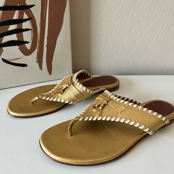Loro Piana Sandals Leather Metallic Jovis Thong Flip Flop Sandals Gold Size 37.5 - Picture 2 of 8